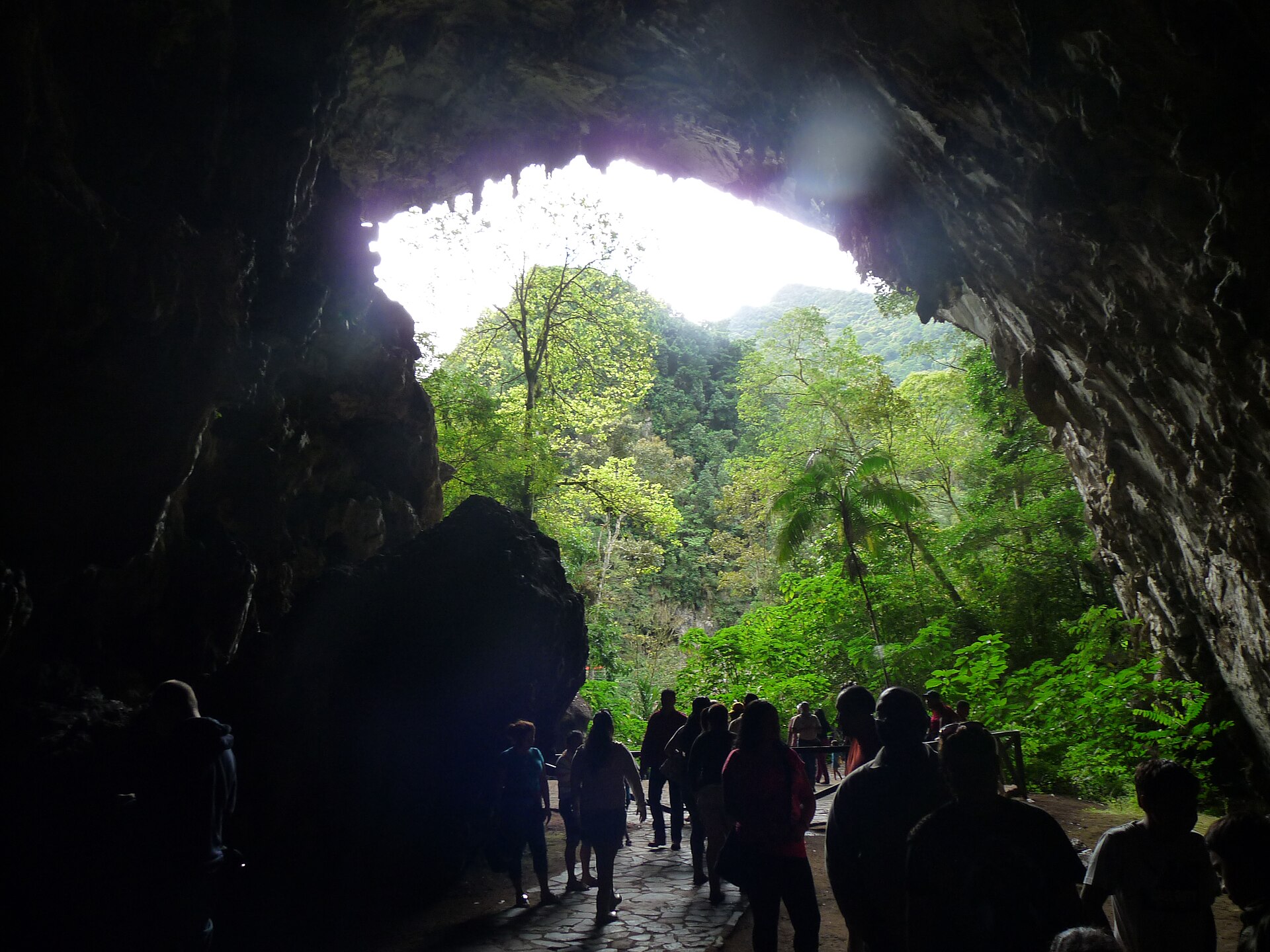 Formaciones rocosas y pasarela en el interior de la Cueva del Guácharo, en Monagas.